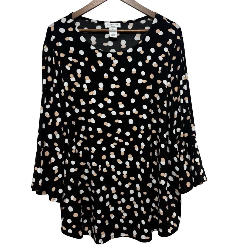 Camen Marc Valvo Top Womens 3X Black Polka Dot Stretch Flare Sleeve Stretch Knit